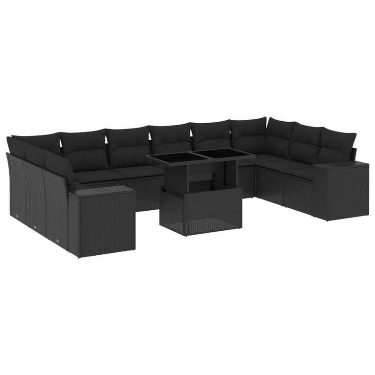 11-delige Loungeset met kussens poly rattan zwart