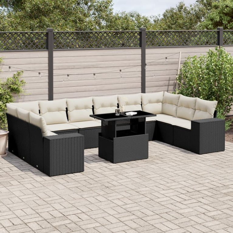 11-delige Loungeset met kussens poly rattan zwart