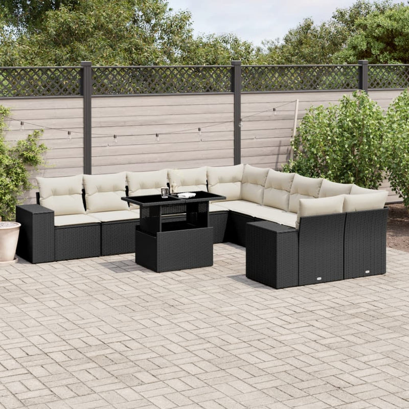 11-delige Loungeset met kussens poly rattan zwart