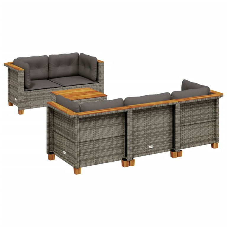 6-delige Loungeset met kussens poly rattan grijs