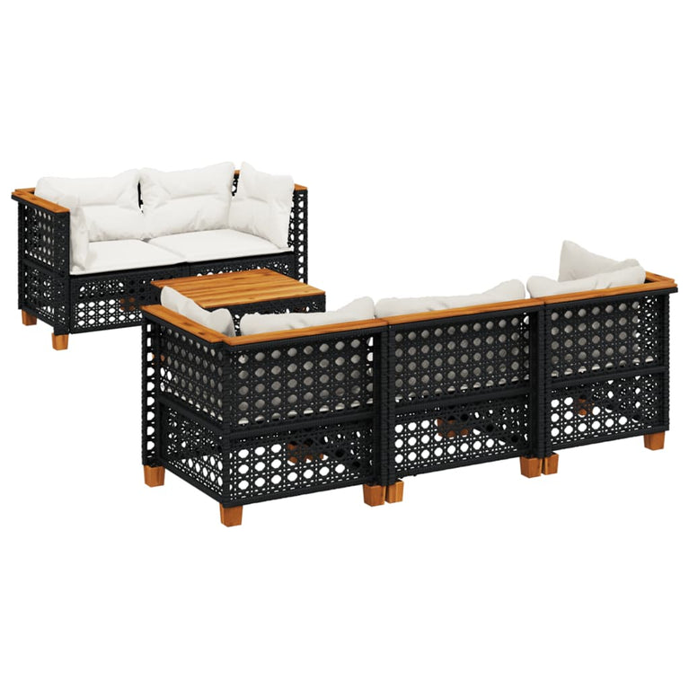6-delige Loungeset met kussens poly rattan zwart