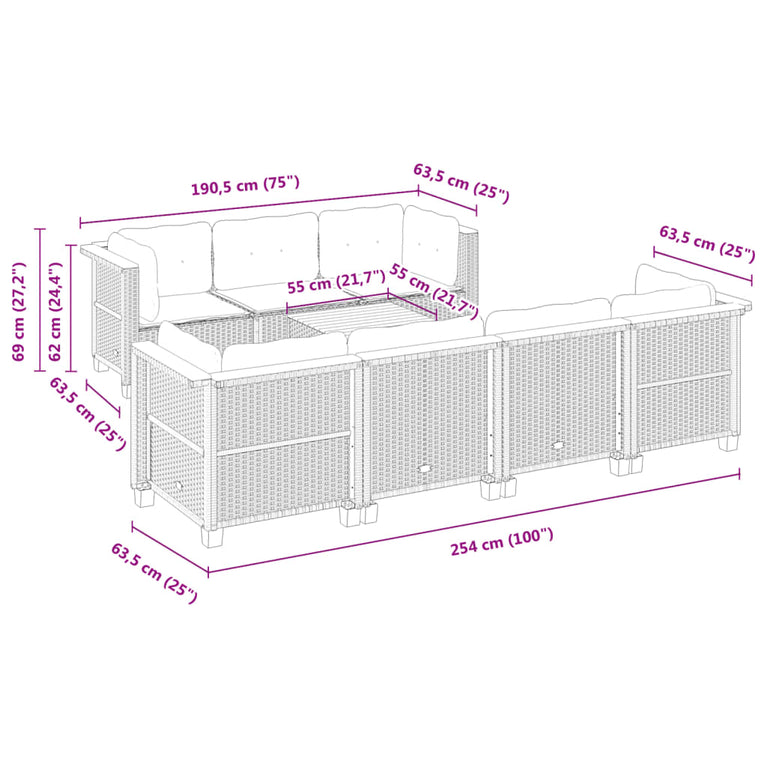 8-delige Loungeset met kussens poly rattan grijs