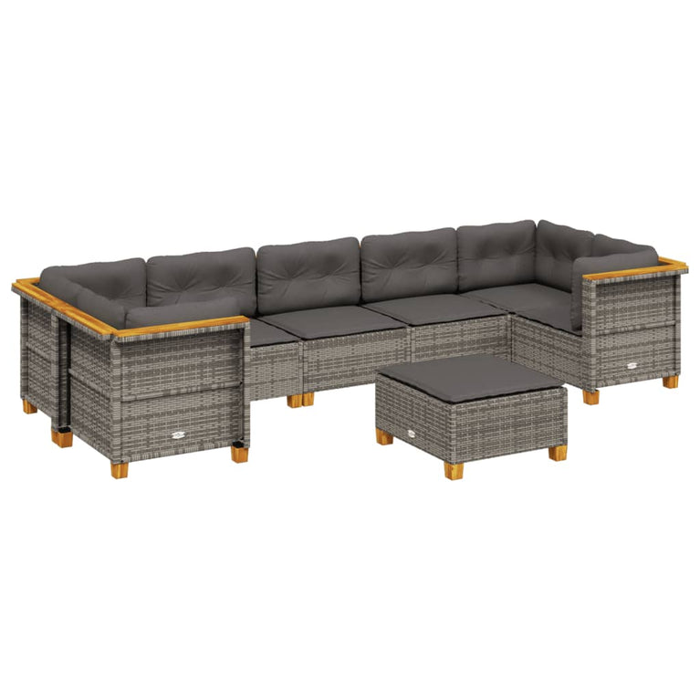 8-delige Loungeset met kussens poly rattan grijs