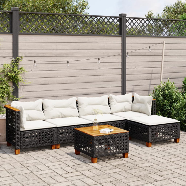 6-delige Loungeset met kussens poly rattan zwart