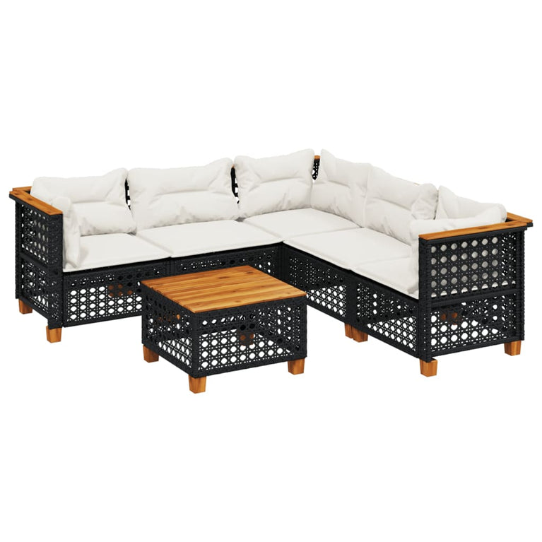 6-delige Loungeset met kussens poly rattan zwart