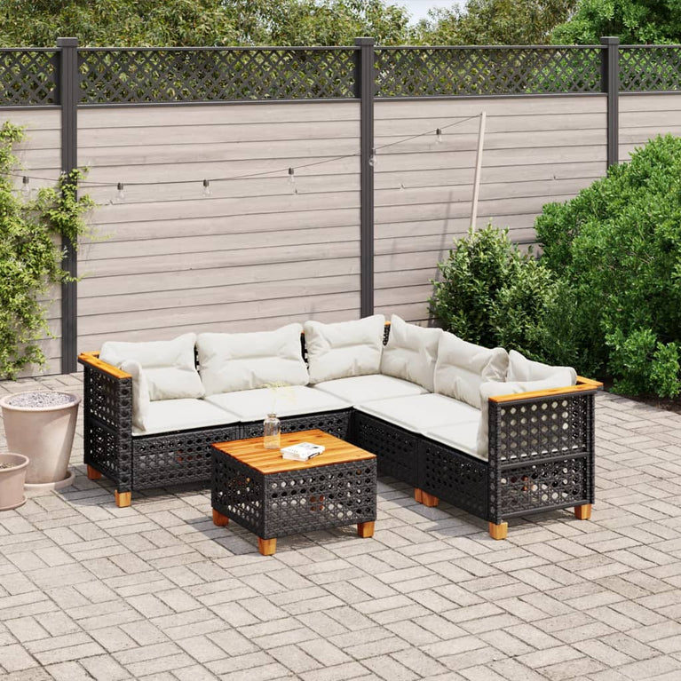 6-delige Loungeset met kussens poly rattan zwart