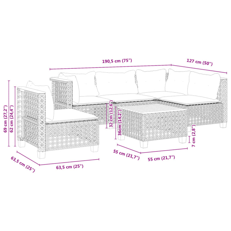 6-delige Loungeset met kussens poly rattan zwart