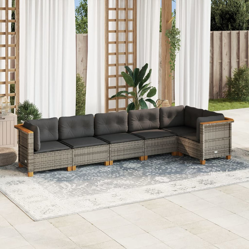 6-delige Loungeset met kussens poly rattan grijs