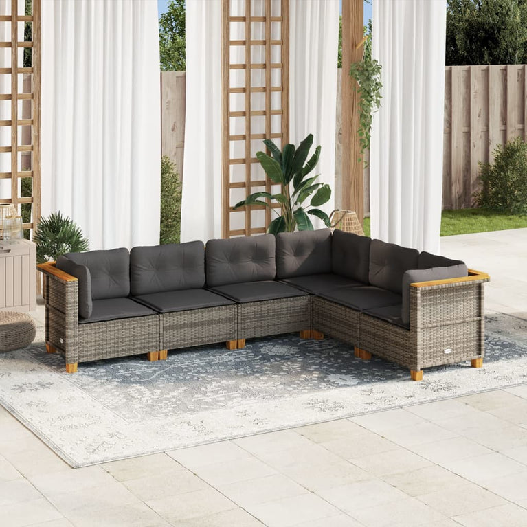 6-delige Loungeset met kussens poly rattan grijs