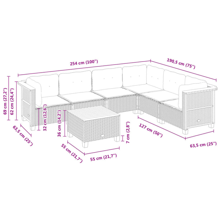 7-delige Loungeset met kussens poly rattan grijs