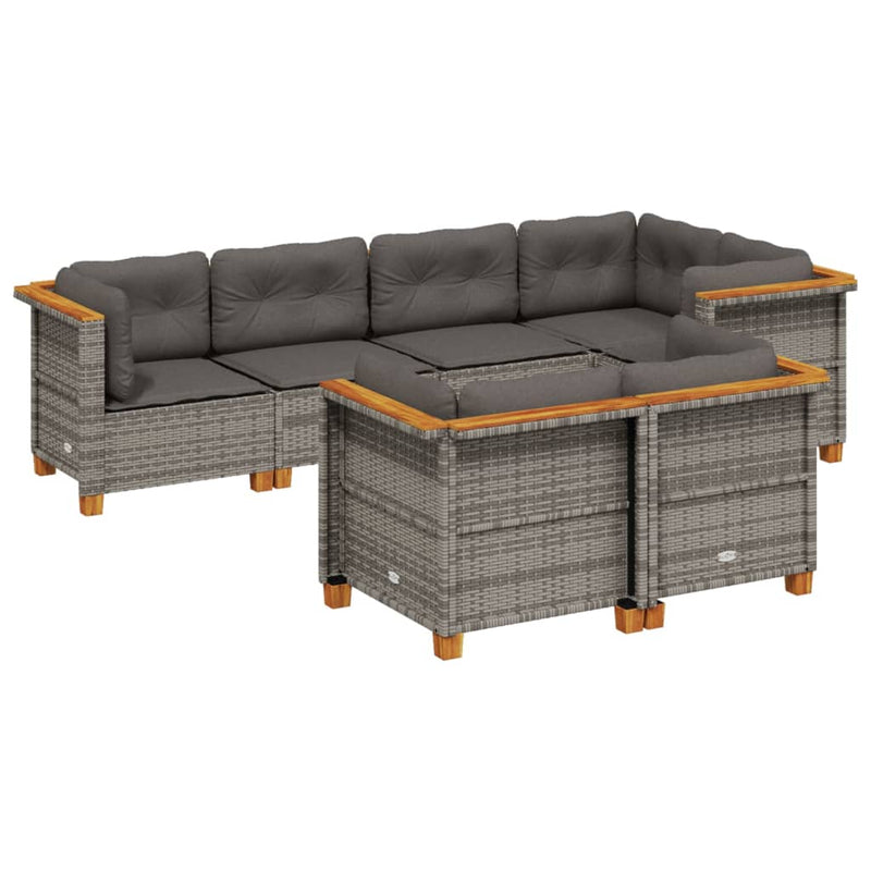 7-delige Loungeset met kussens poly rattan grijs