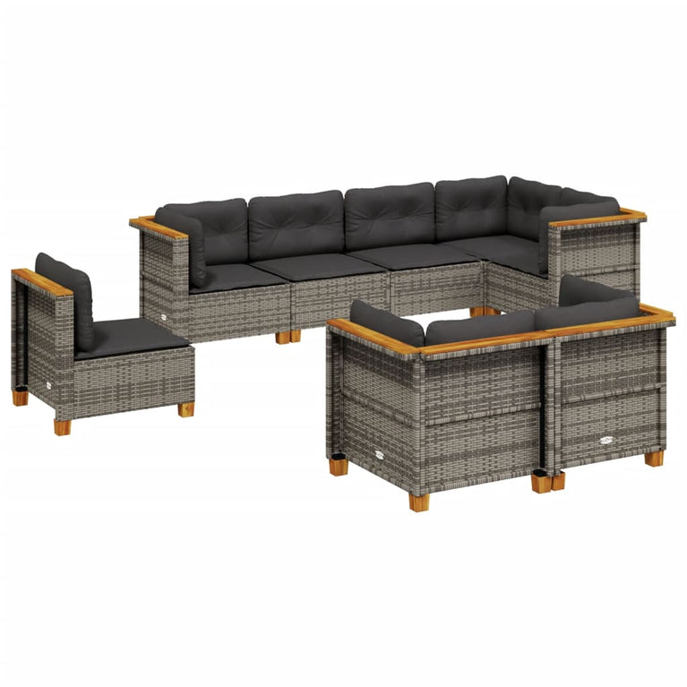 8-delige Loungeset met kussens poly rattan grijs