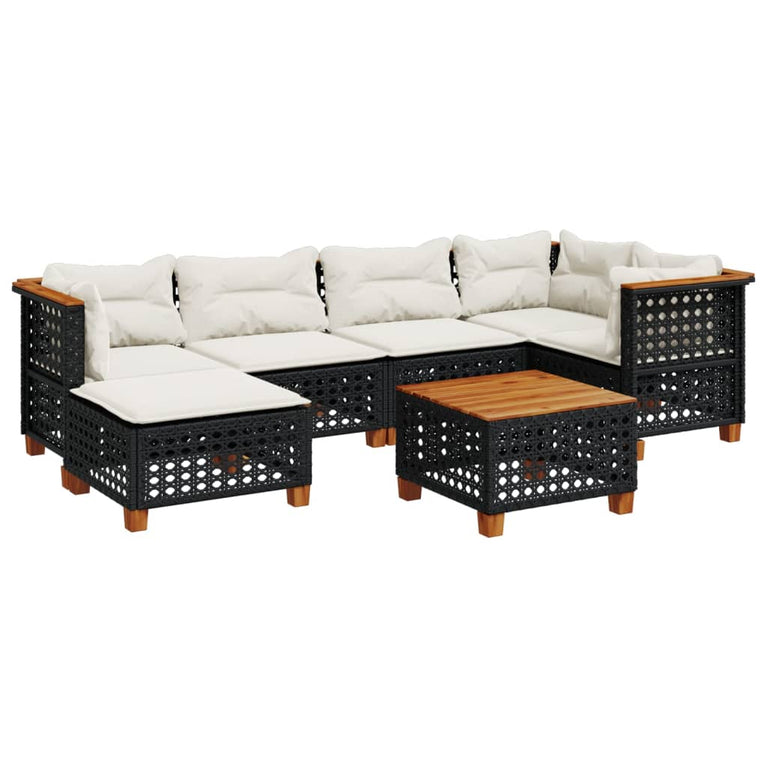 7-delige Loungeset met kussens poly rattan zwart