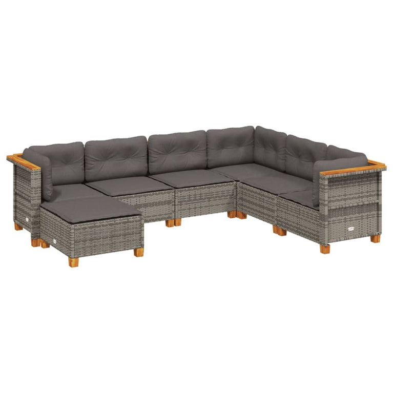 7-delige Loungeset met kussens poly rattan grijs