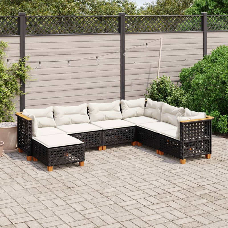 7-delige Loungeset met kussens poly rattan zwart