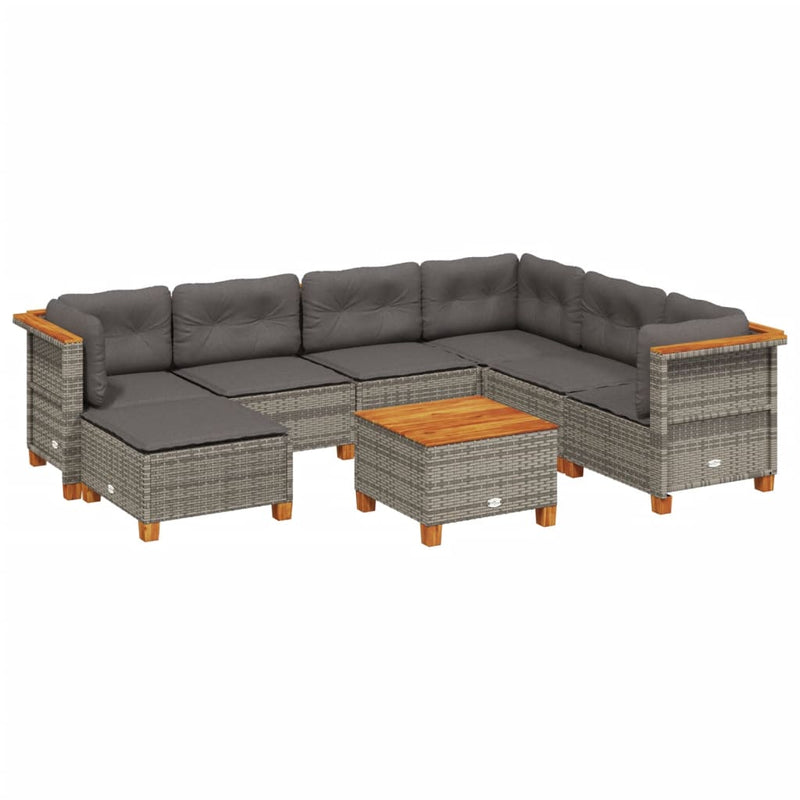 8-delige Loungeset met kussens poly rattan grijs