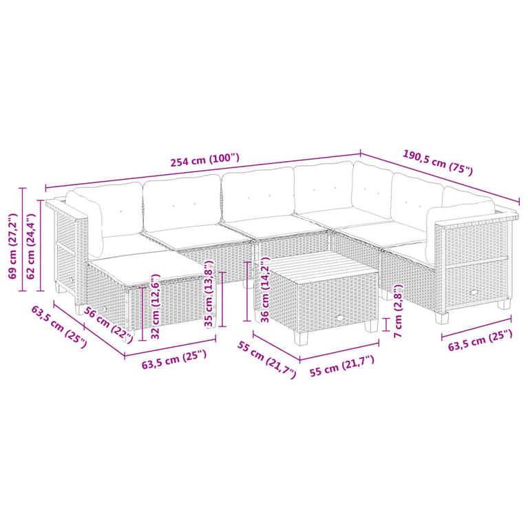 8-delige Loungeset met kussens poly rattan grijs