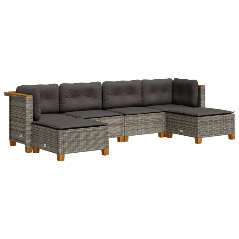 6-delige Loungeset met kussens poly rattan grijs