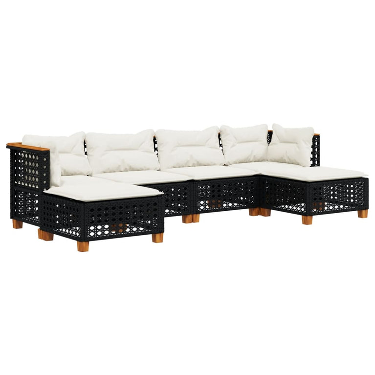6-delige Loungeset met kussens poly rattan zwart