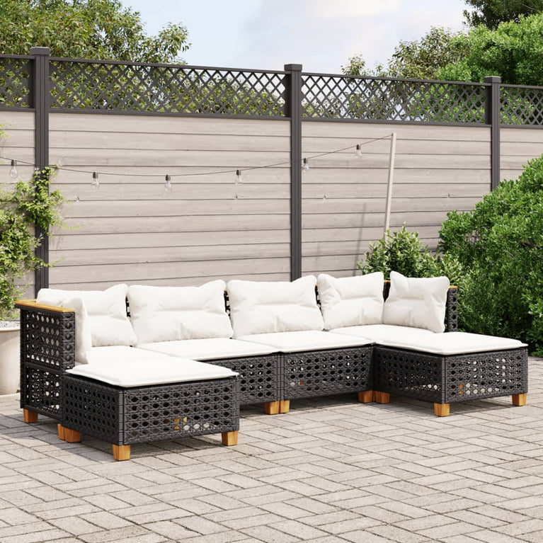 6-delige Loungeset met kussens poly rattan zwart