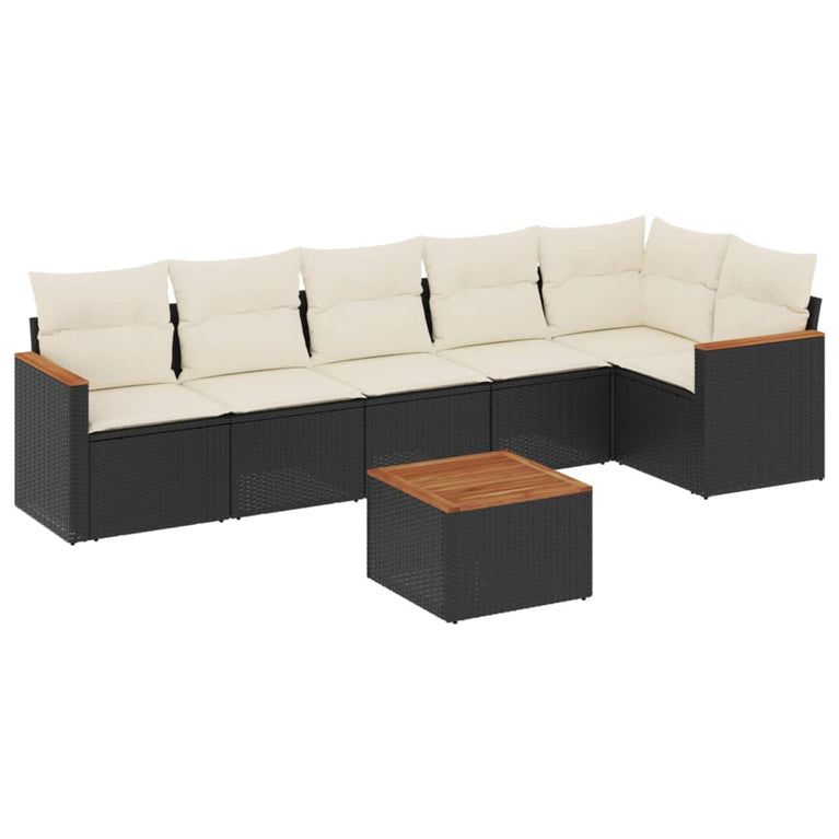 7-delige Loungeset met kussens poly rattan zwart