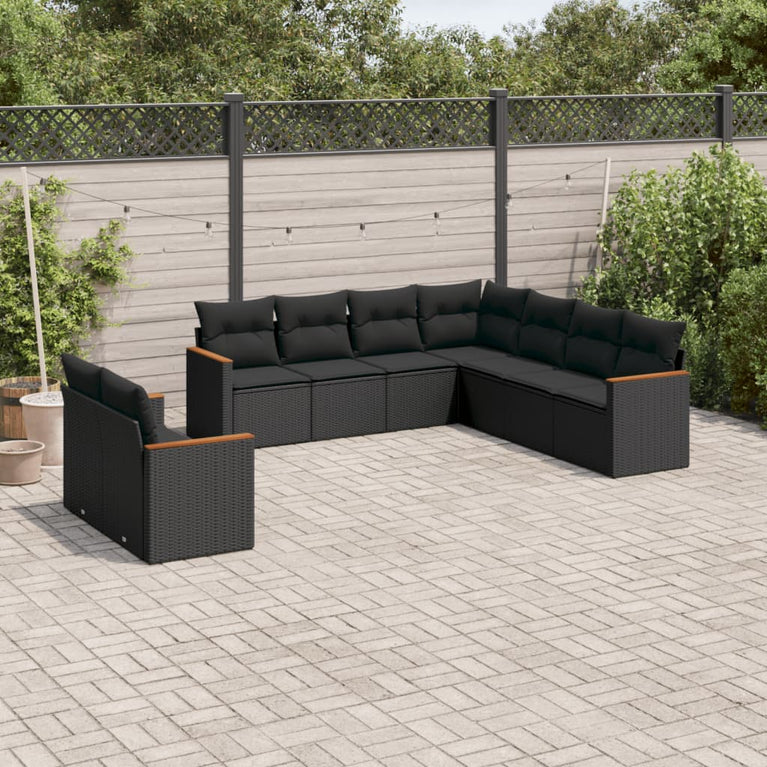 9-delige Loungeset met kussens poly rattan zwart