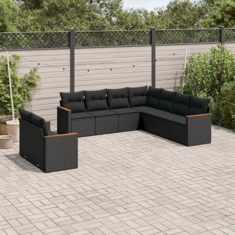9-delige Loungeset met kussens poly rattan zwart