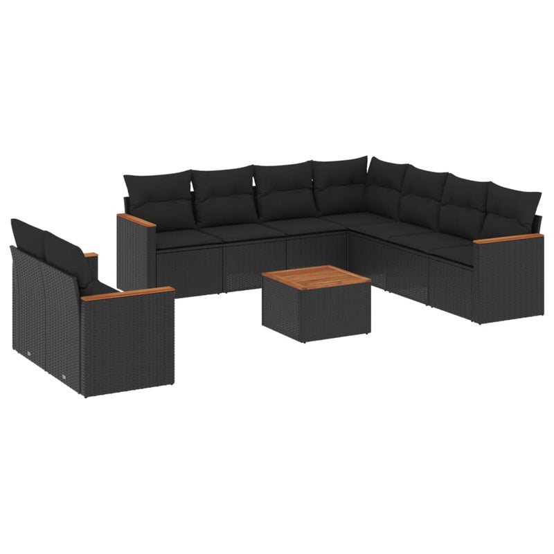 10-delige Loungeset met kussens poly rattan zwart