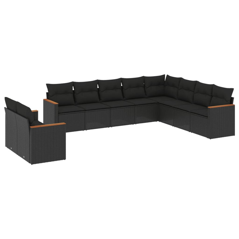 10-delige Loungeset met kussens poly rattan zwart