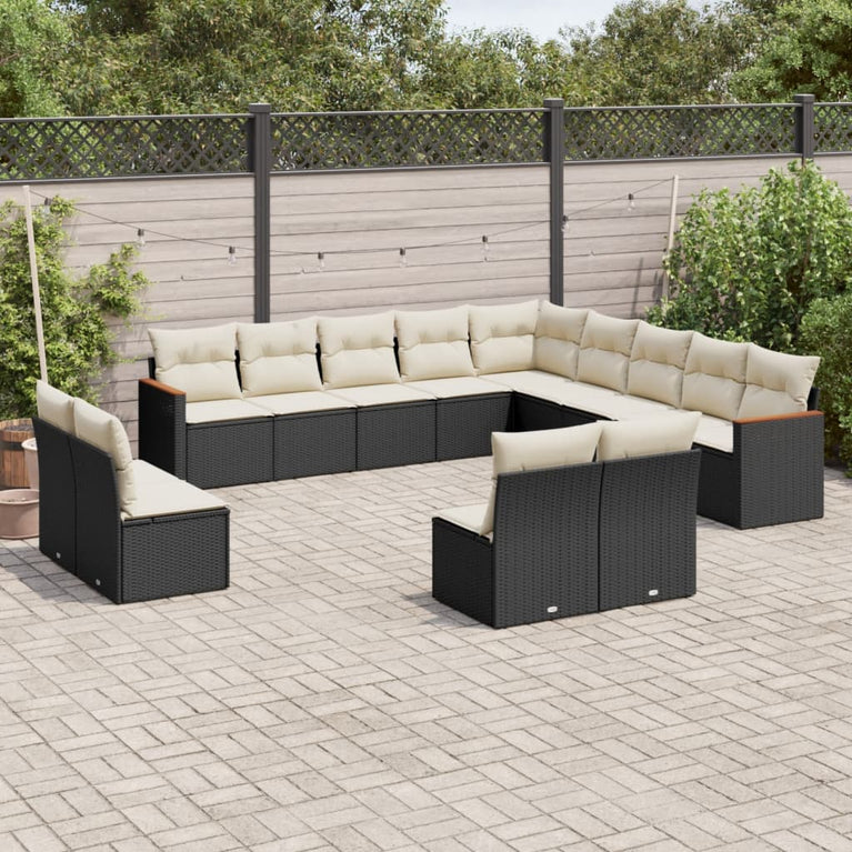 13-delige Loungeset met kussens poly rattan zwart