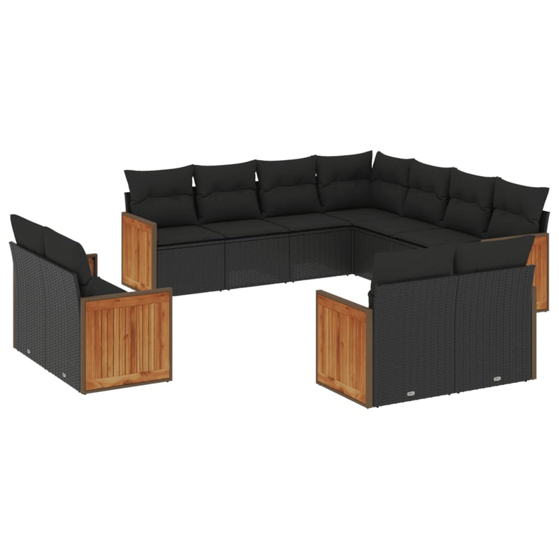11-delige Loungeset met kussens poly rattan zwart