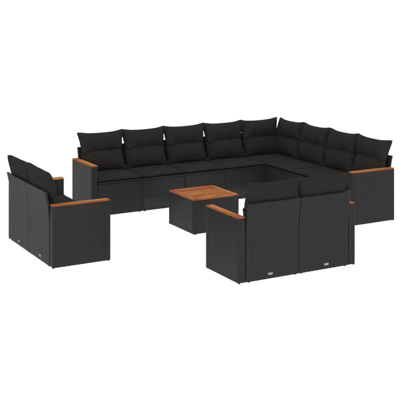 13-delige Loungeset met kussens poly rattan zwart