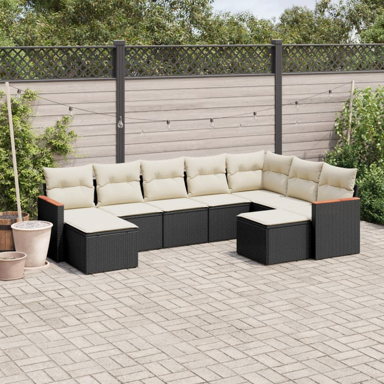9-delige Loungeset met kussens poly rattan zwart