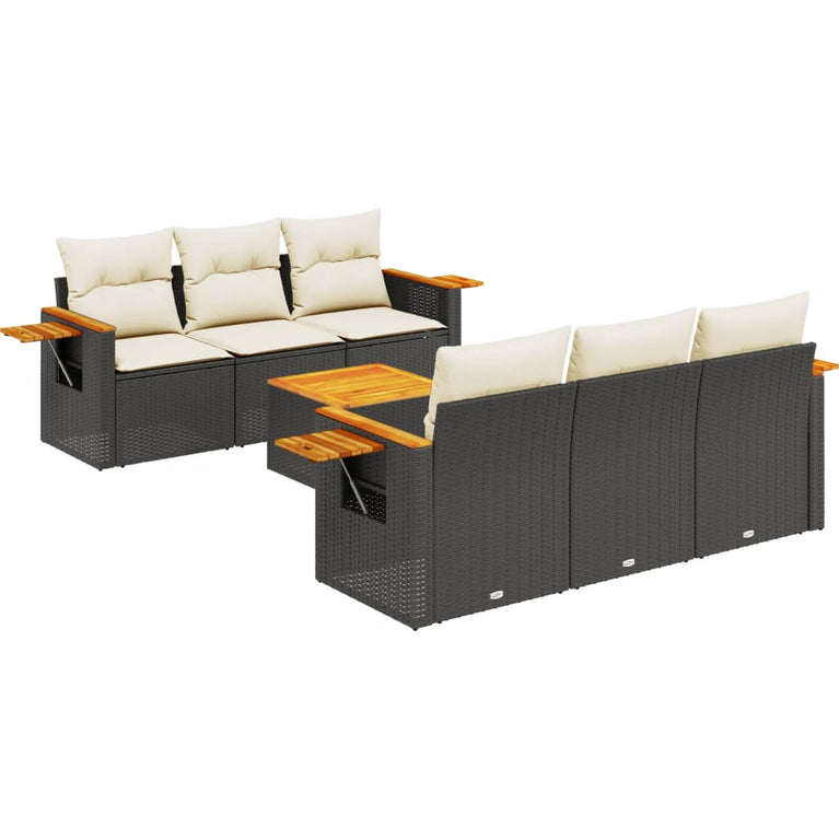 7-delige Loungeset met kussens poly rattan zwart