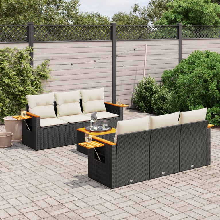 7-delige Loungeset met kussens poly rattan zwart