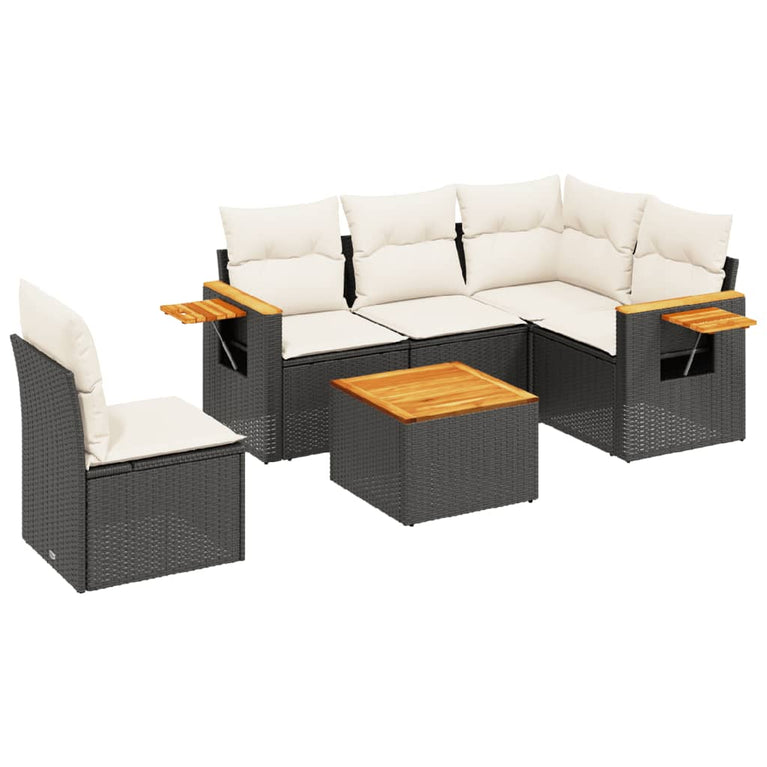 6-delige Loungeset met kussens poly rattan zwart