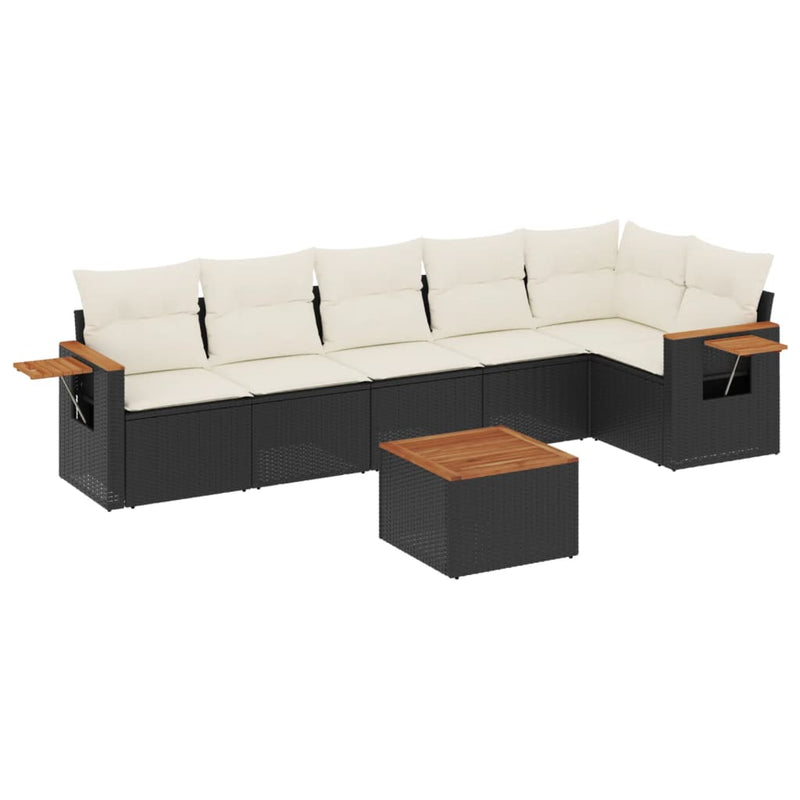 7-delige Loungeset met kussens poly rattan zwart