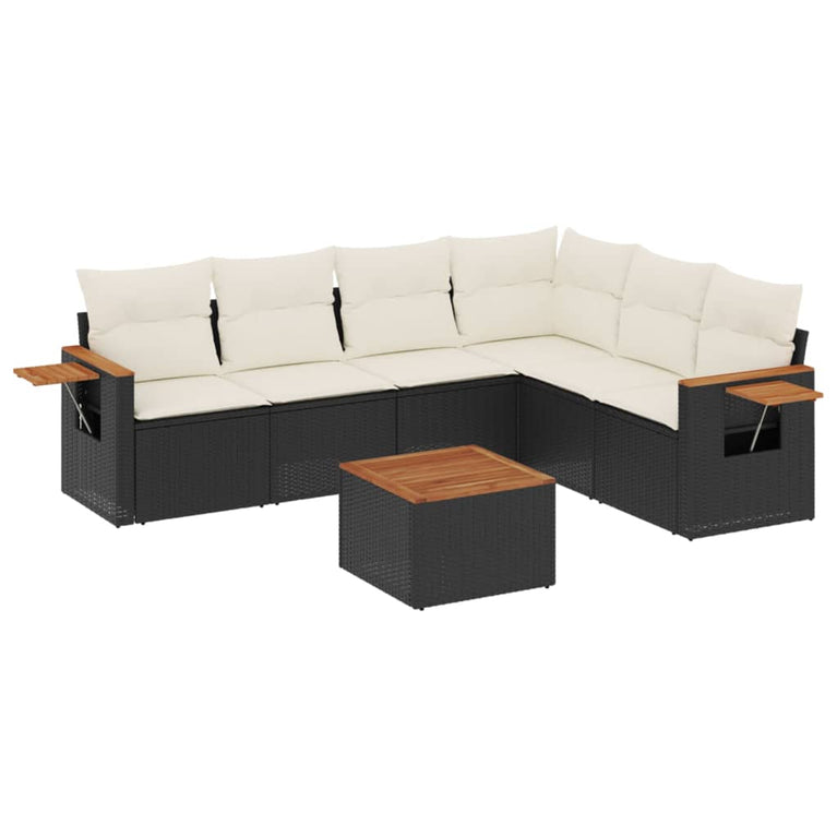 7-delige Loungeset met kussens poly rattan zwart