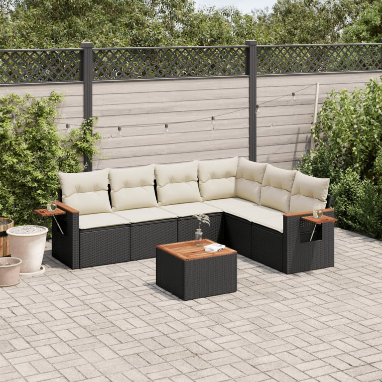 7-delige Loungeset met kussens poly rattan zwart