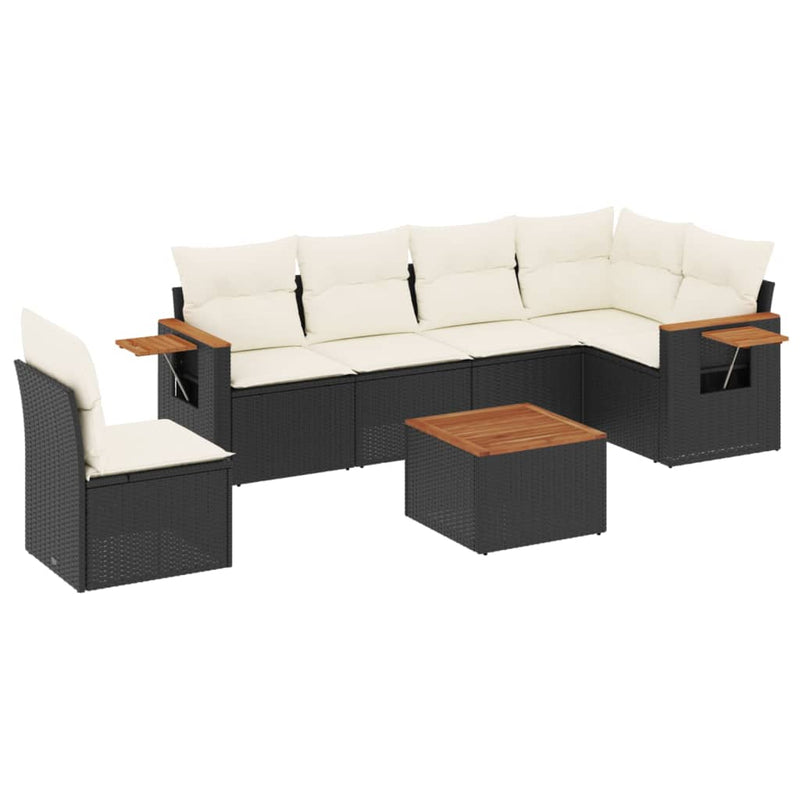 7-delige Loungeset met kussens poly rattan zwart