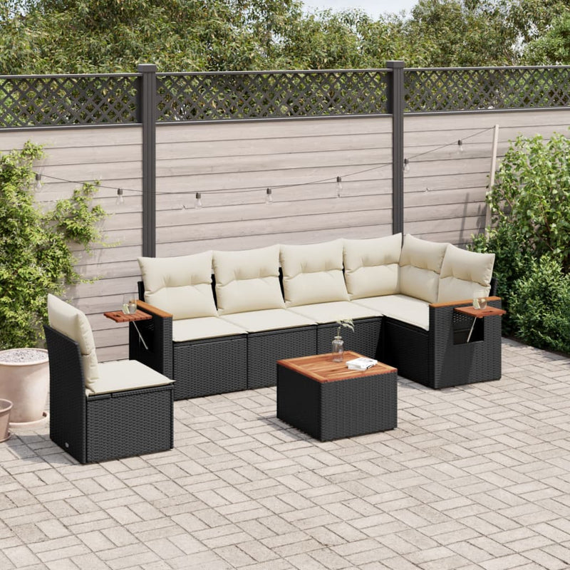 7-delige Loungeset met kussens poly rattan zwart
