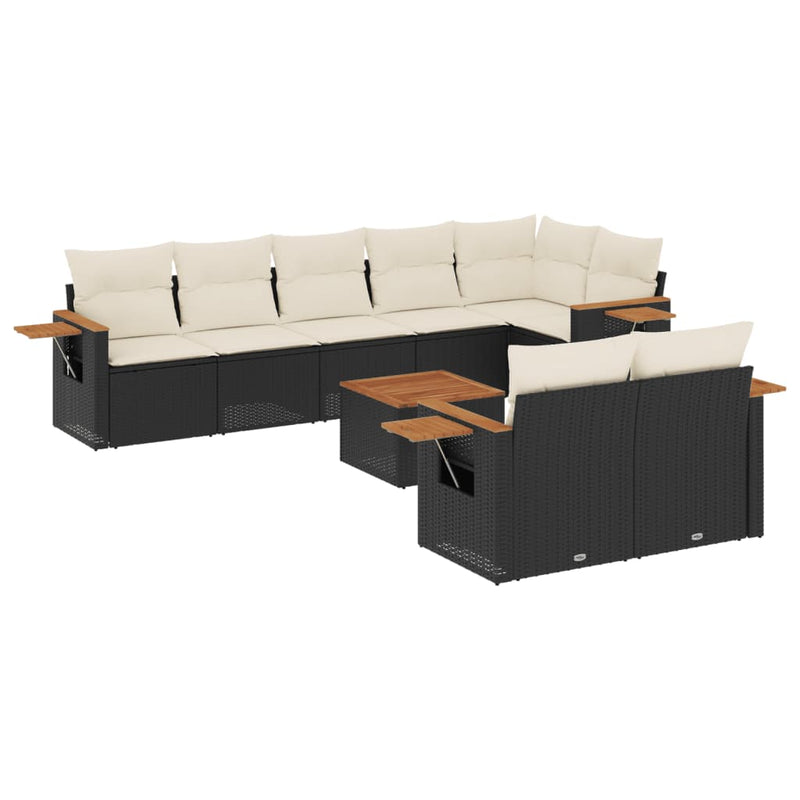 9-delige Loungeset met kussens poly rattan zwart