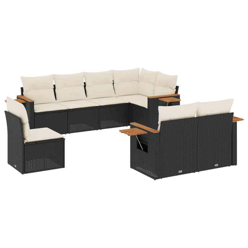 8-delige Loungeset met kussens poly rattan zwart