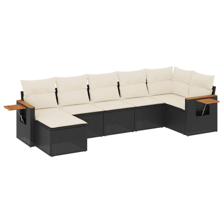 7-delige Loungeset met kussens poly rattan zwart