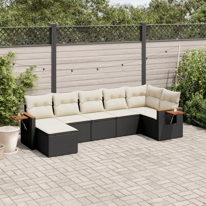 7-delige Loungeset met kussens poly rattan zwart