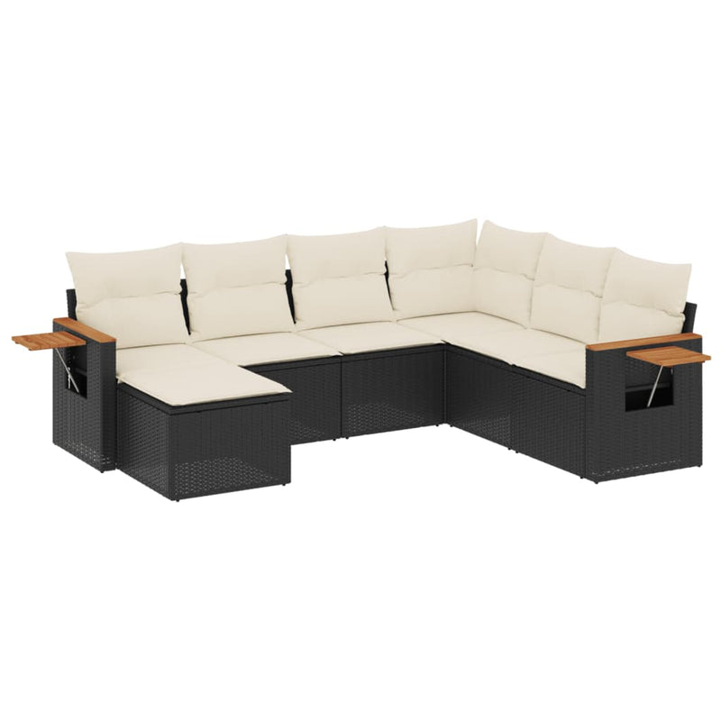 7-delige Loungeset met kussens poly rattan zwart