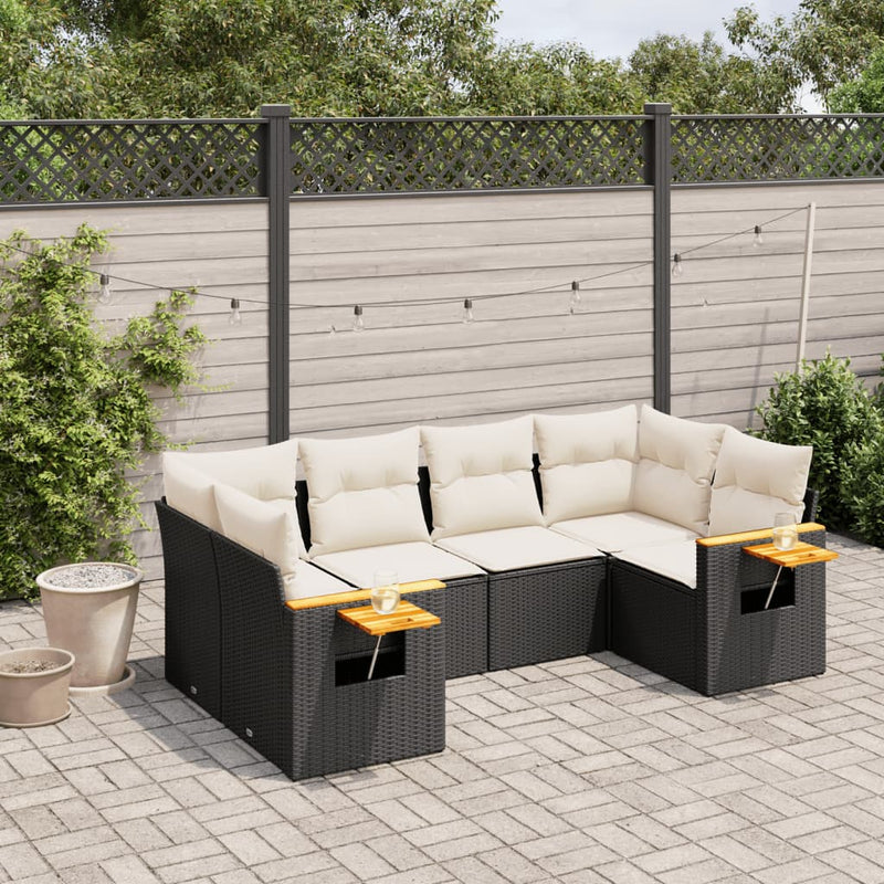 6-delige Loungeset met kussens poly rattan zwart