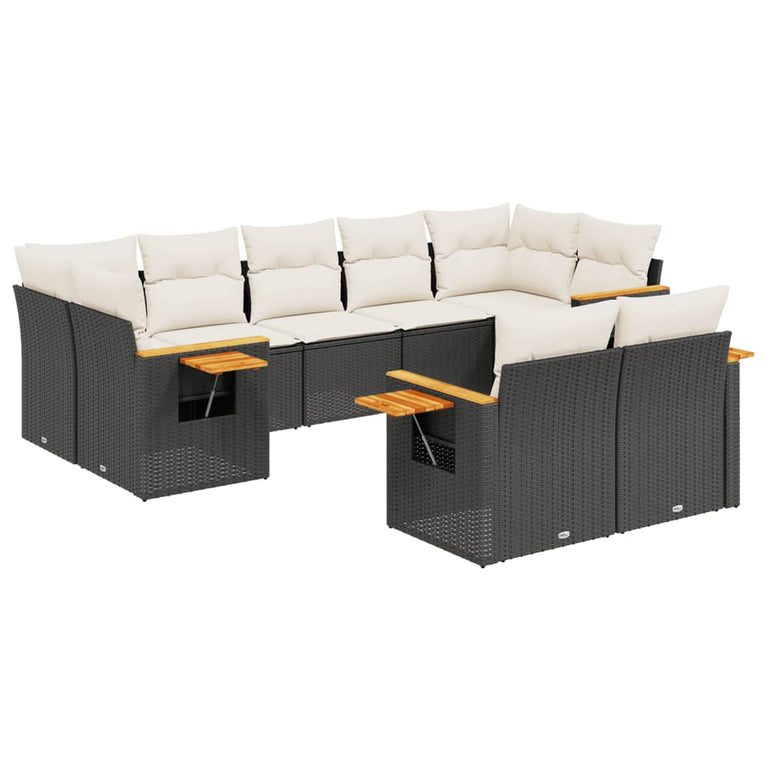 9-delige Loungeset met kussens poly rattan zwart