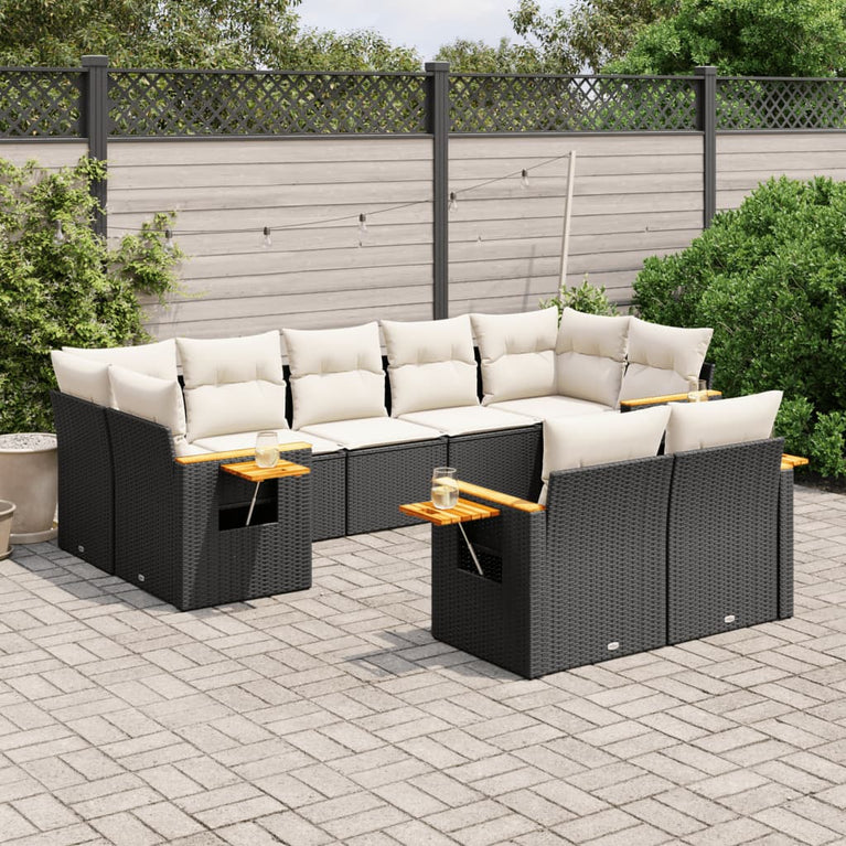 9-delige Loungeset met kussens poly rattan zwart