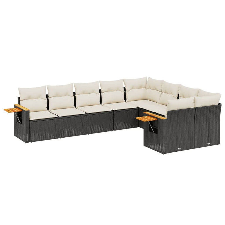 9-delige Loungeset met kussens poly rattan zwart